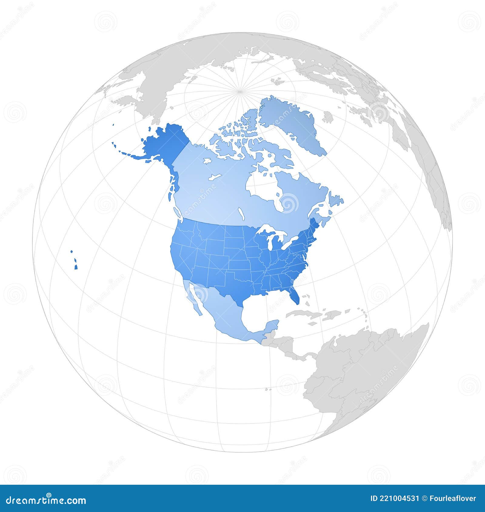 Blue Map of North America in a 3d Globe of the Earth Stock Vector