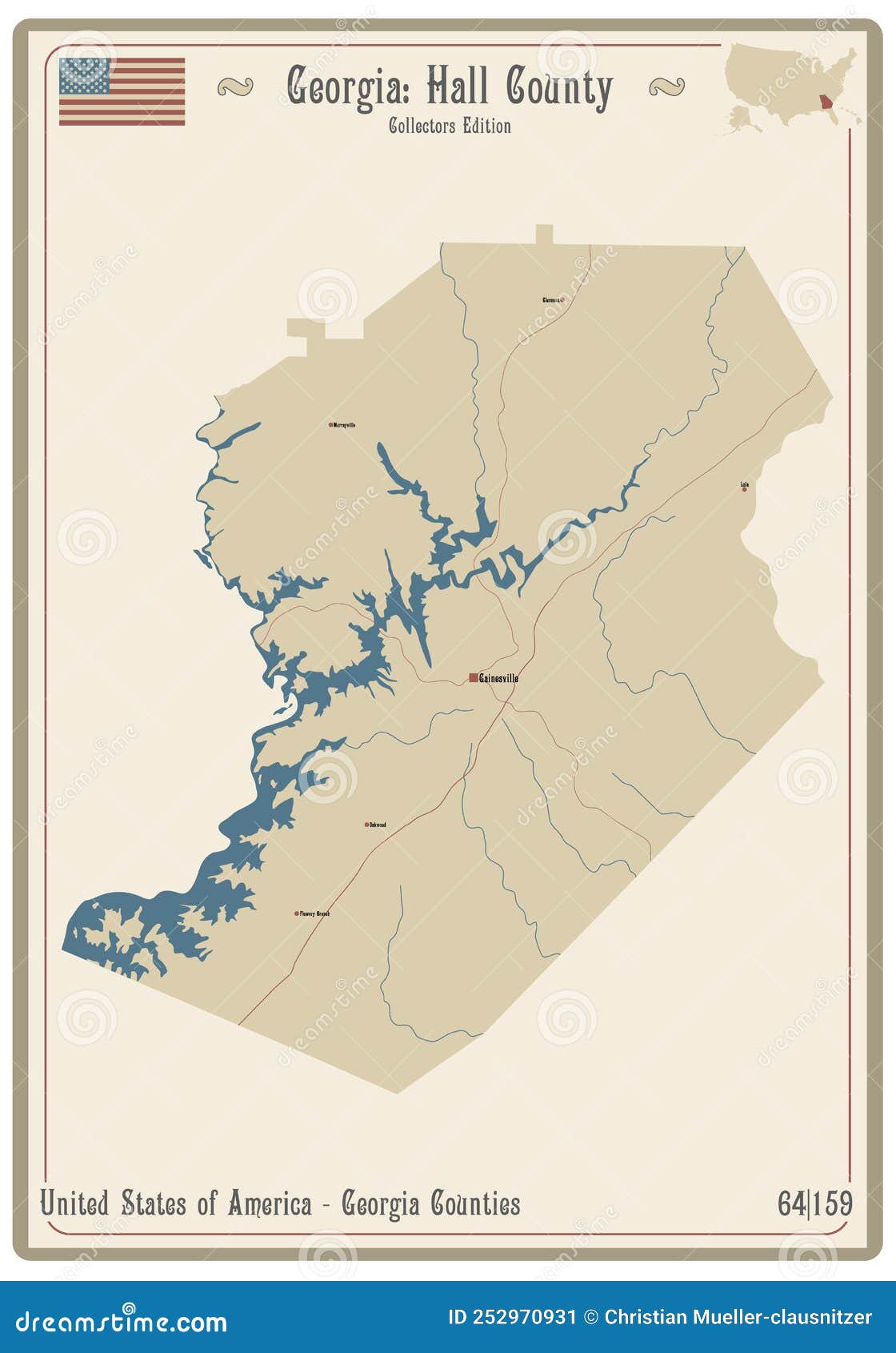 Map of Hall County in Stock Vector Illustration of blue