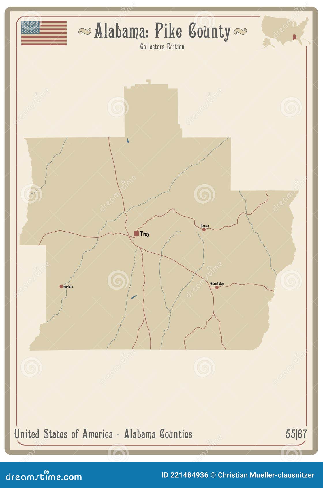 Map of Pike County in Alabama Stock Vector Illustration of card