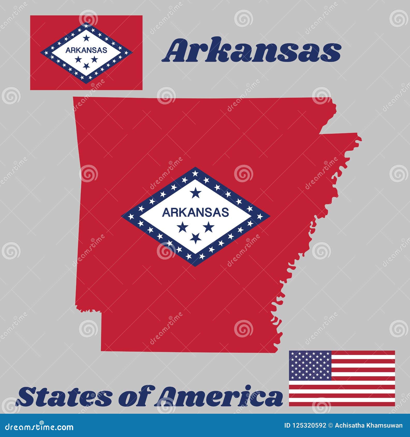 Map Outline And Flag Of Arkansas A Rectangular Field Of Red A Large White Diamond Bordered By