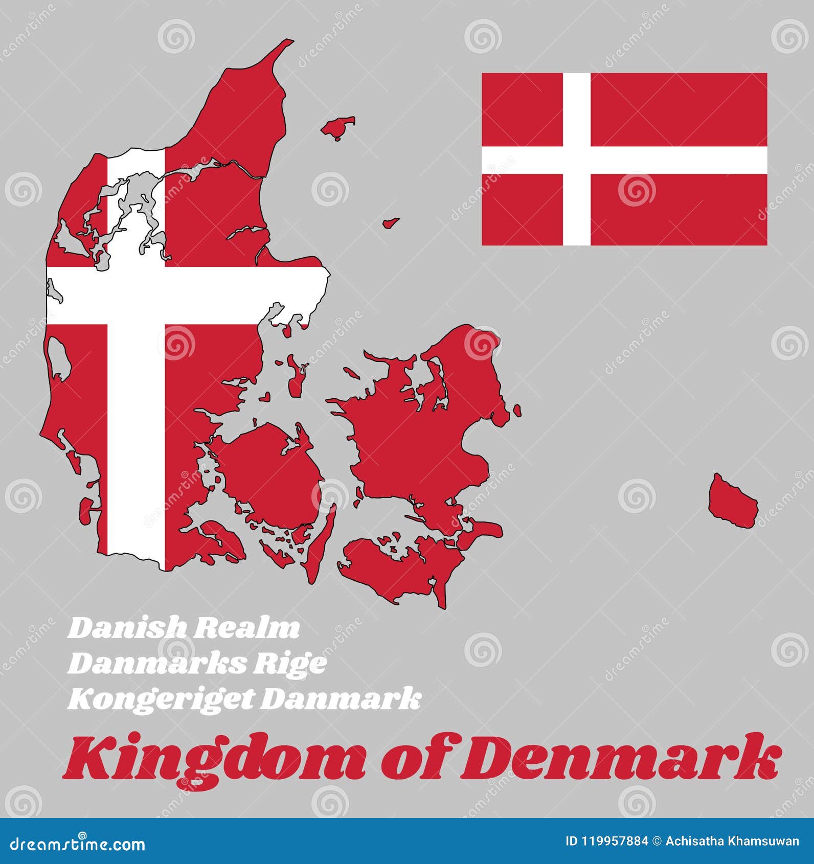 Map Outline and Flag of Denmark, it is Red with a White Scandinavian Cross that Extends To the 