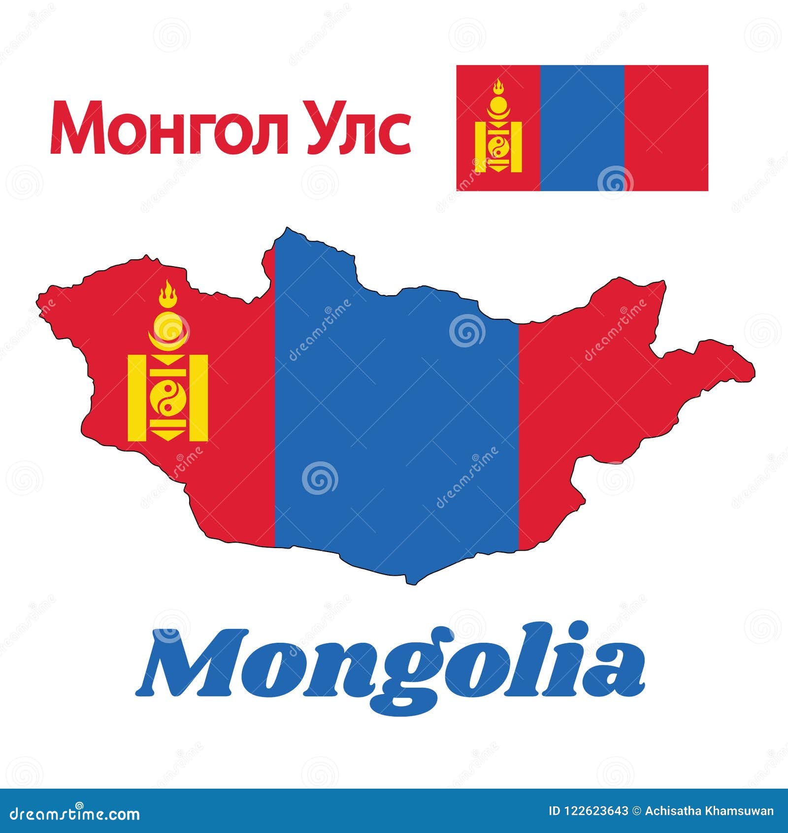 map outline and flag of mongolia, a vertical triband of red and blue with the soyombo  centred on red band.