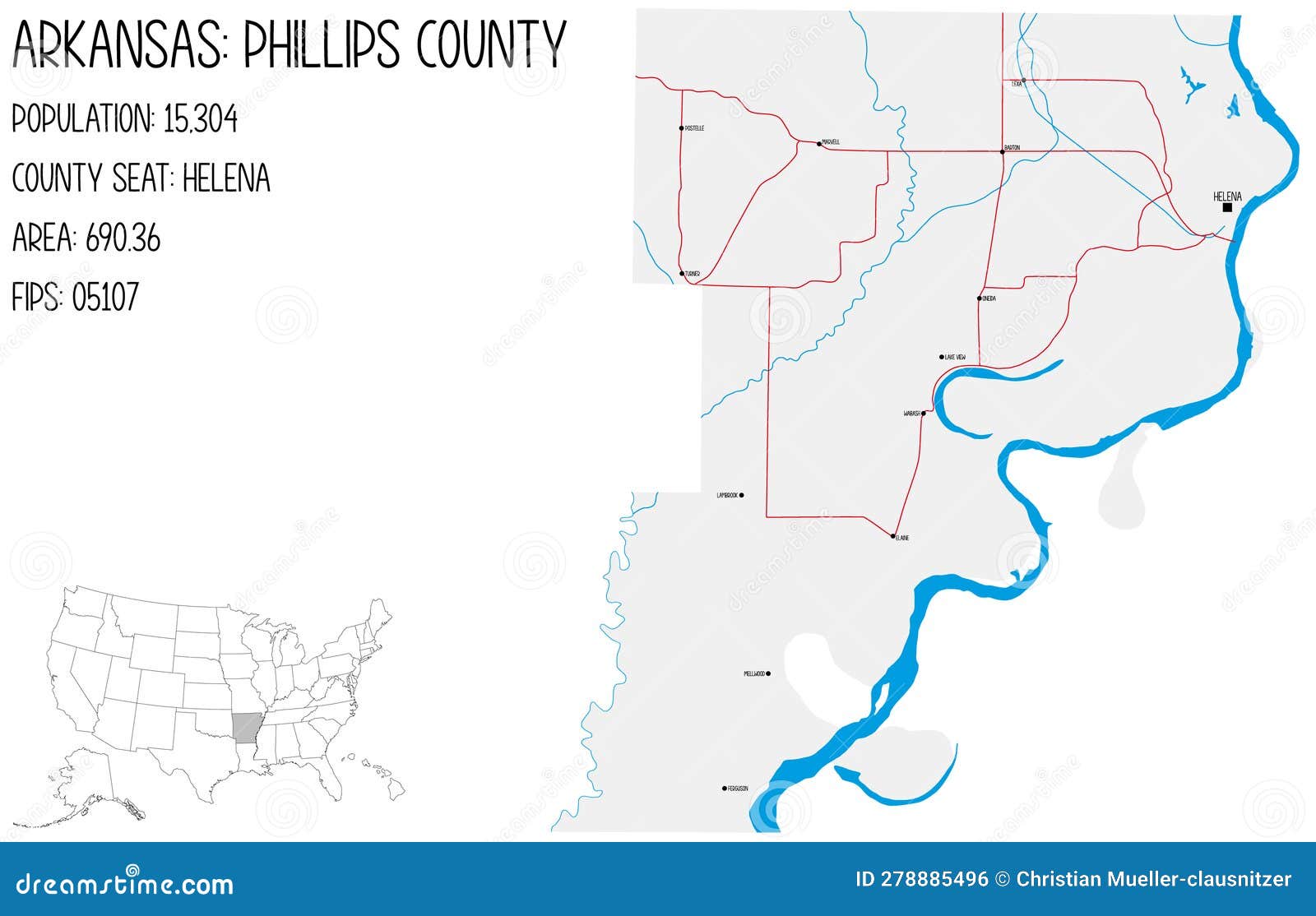 Map of Phillips County in Arkansas, USA. Stock Vector Illustration of
