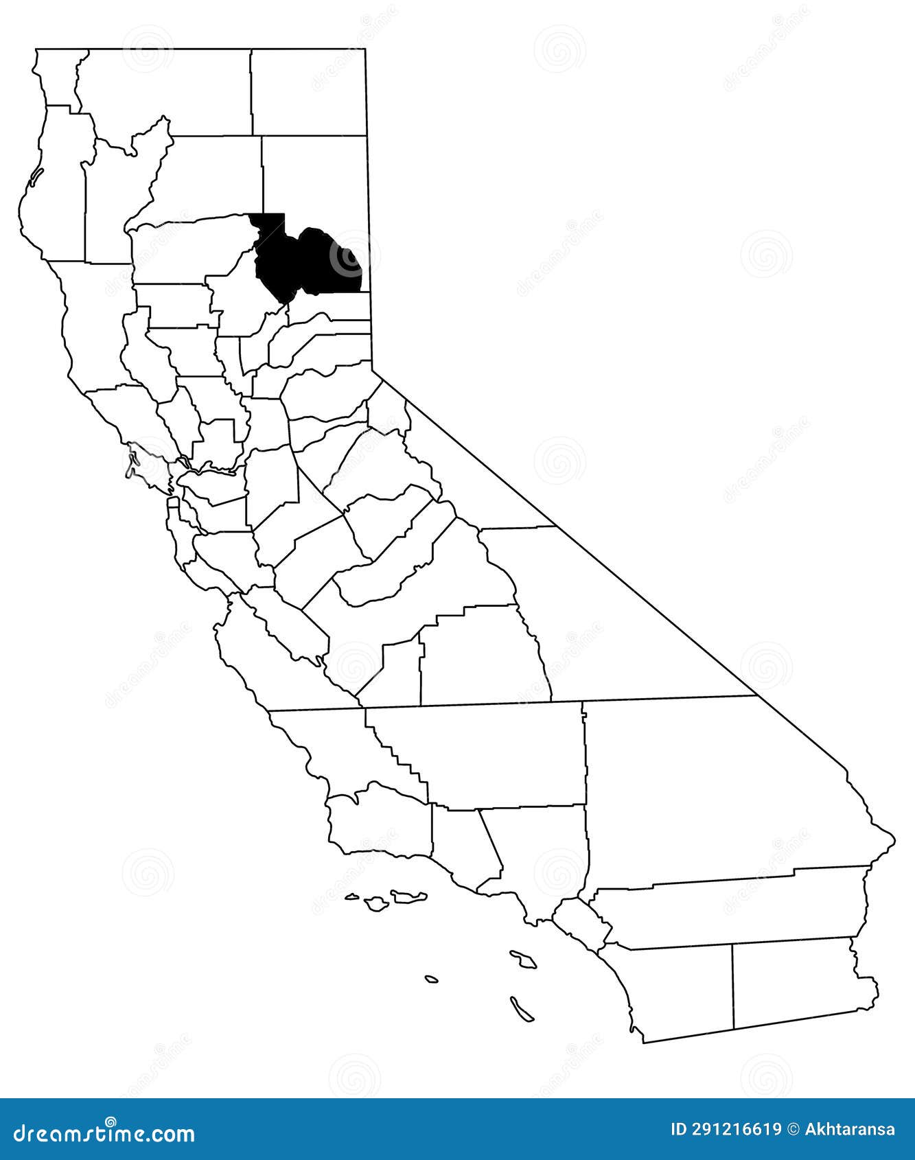 map of plumas county in california state on white background. single county map highlighted by black colour on california map.