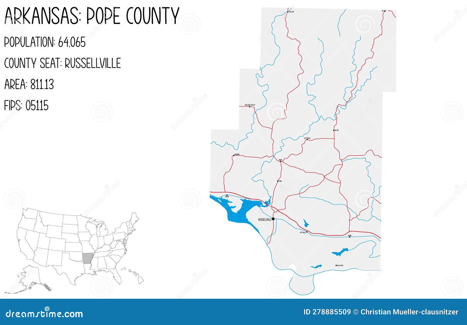 Map of Pope County in Arkansas, USA. Stock Vector Illustration of