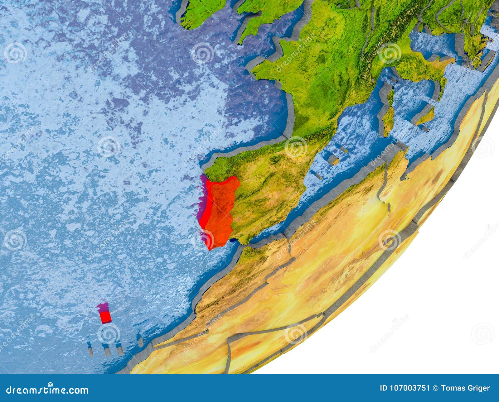 Map Of Portugal On Political Globe With Watery Oceans And Embossed