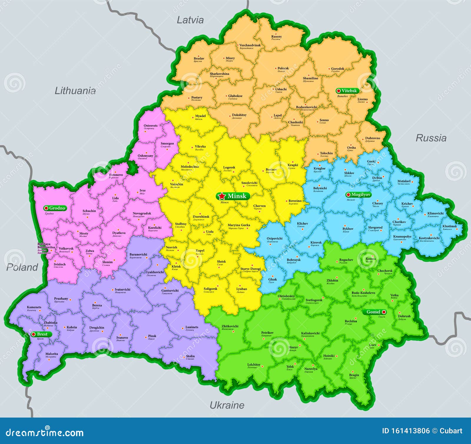 map of the republic of belarus marked by regions and districts in english and russian