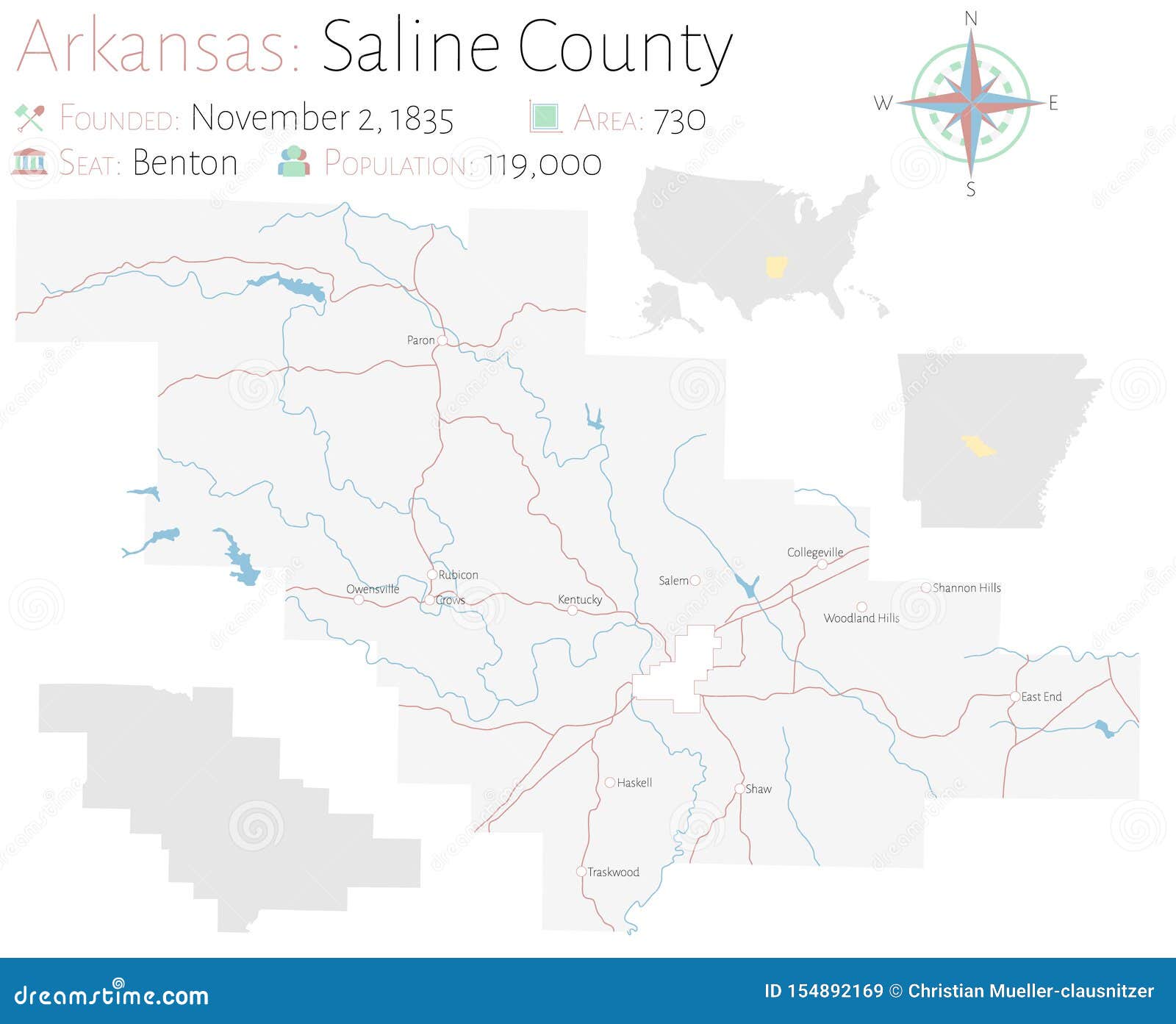 Map of Saline County in Arkansas Stock Vector Illustration of