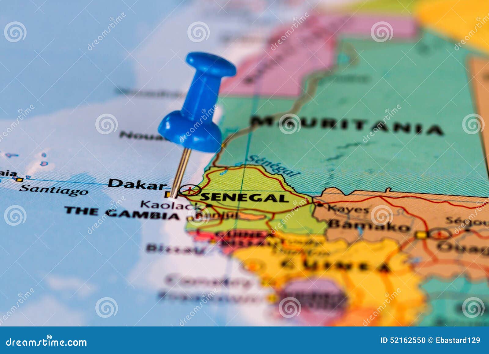 map of senegal with a blue pushpin stuck