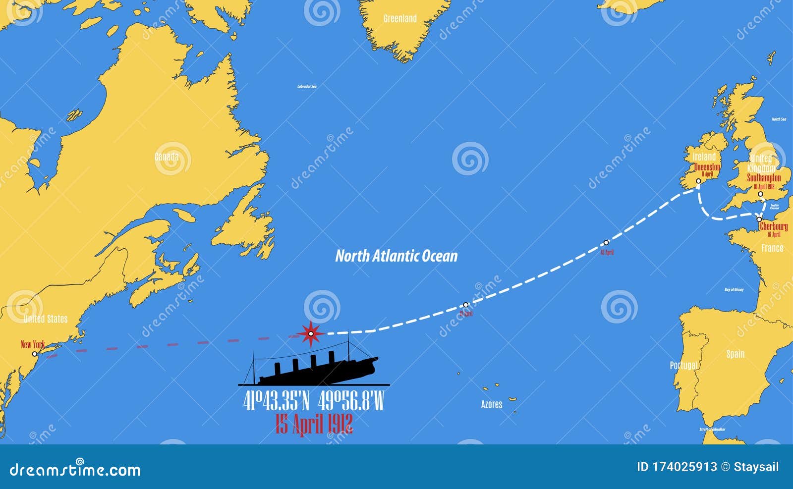 Map Showing the Point Where the RMS Titanic Sank Stock Vector -  Illustration of landmark, tragedy: 174025913