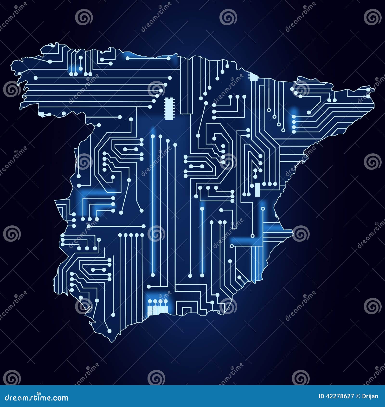 Map of Spain with Electronic Circuit Stock Vector Illustration of