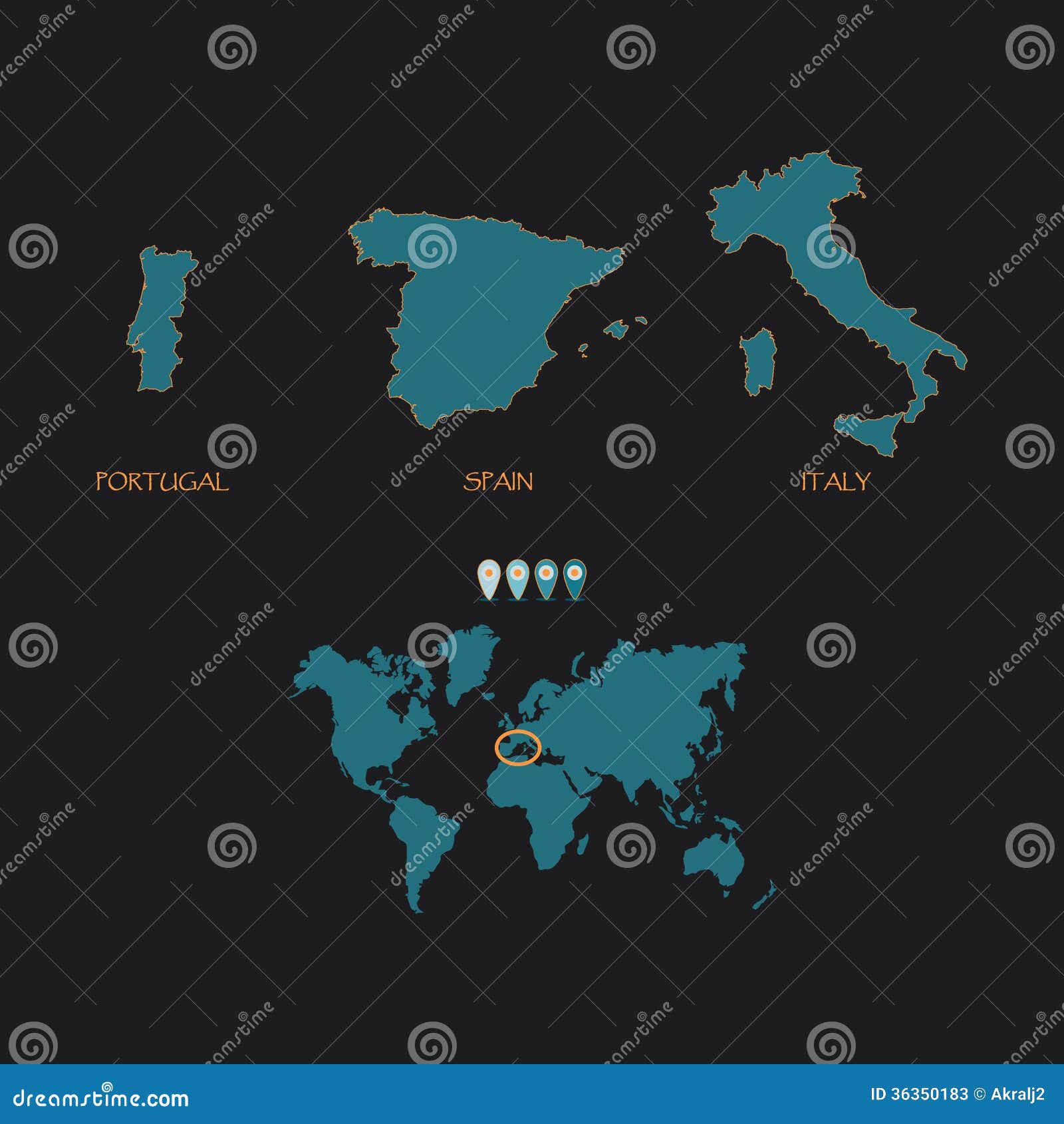 Map of Spain Portugal Italy Stock Illustration - Illustration of