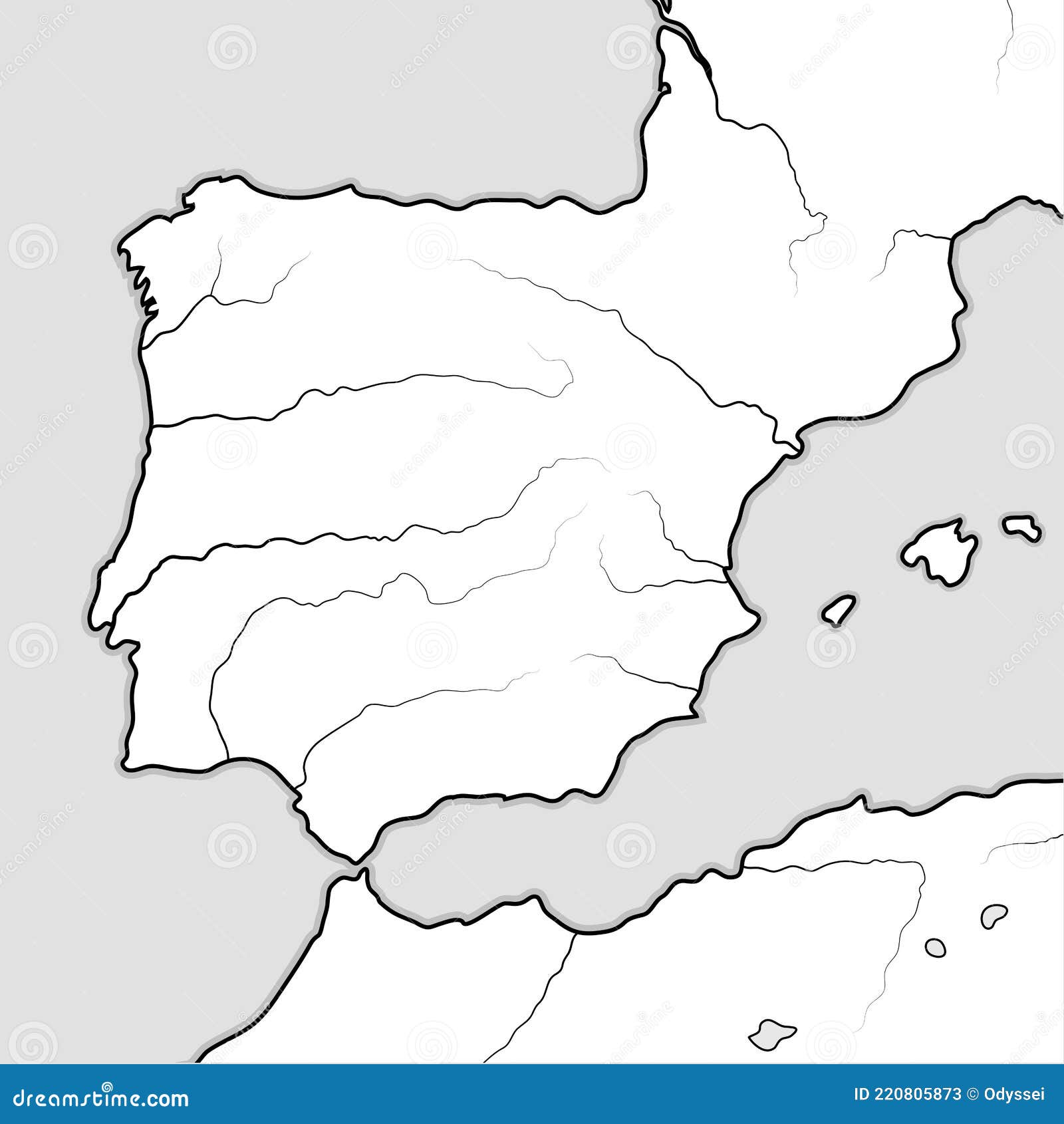 map of the spanish lands: spain, portugal, catalonia, iberia, the pyrenees. geographic chart.