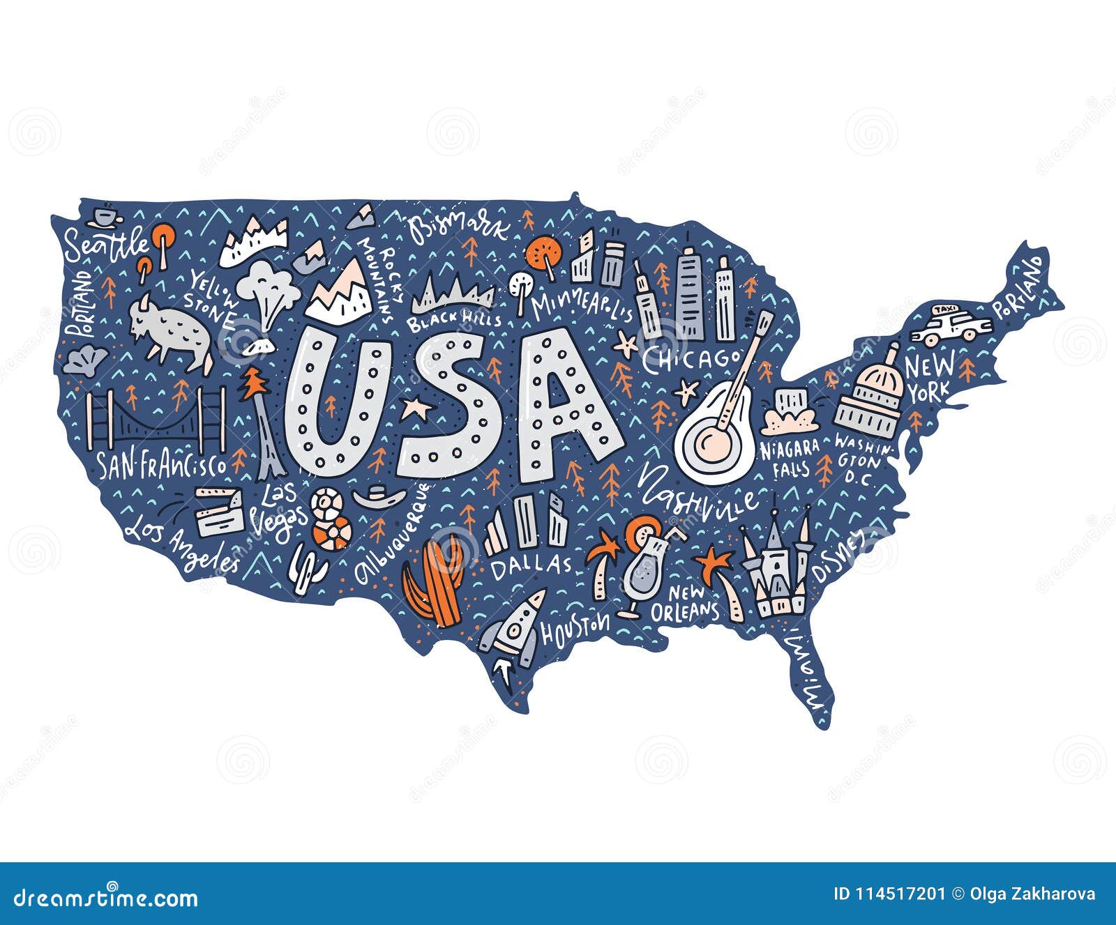 The cartoon map of USA stock vector. Illustration of geography - 114517201