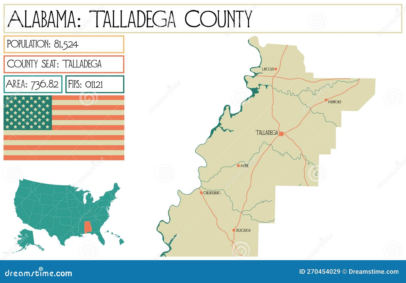 map of talladega county in alabama, usa.