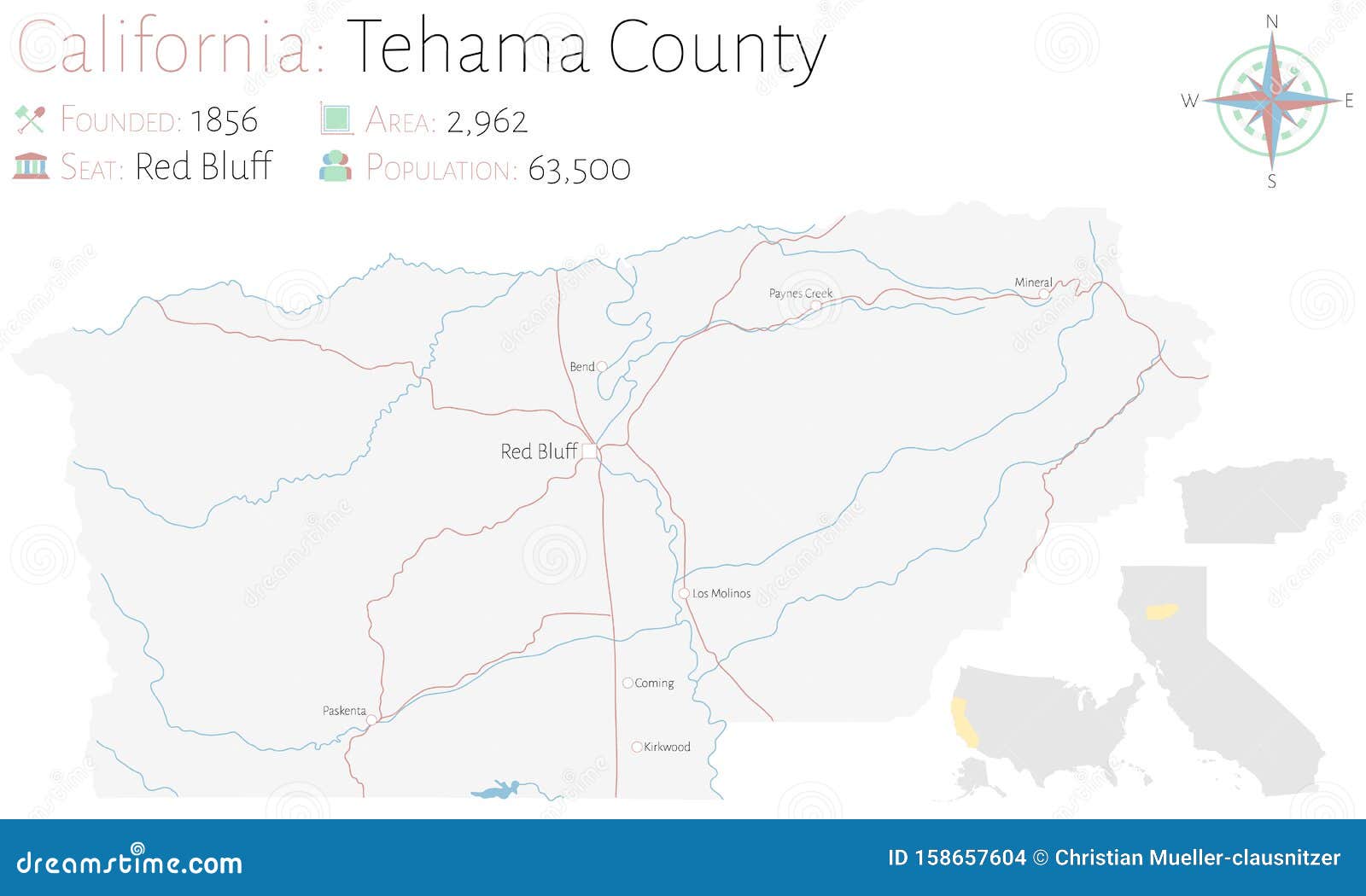 Map of Tehama County in California Stock Vector Illustration of lakes