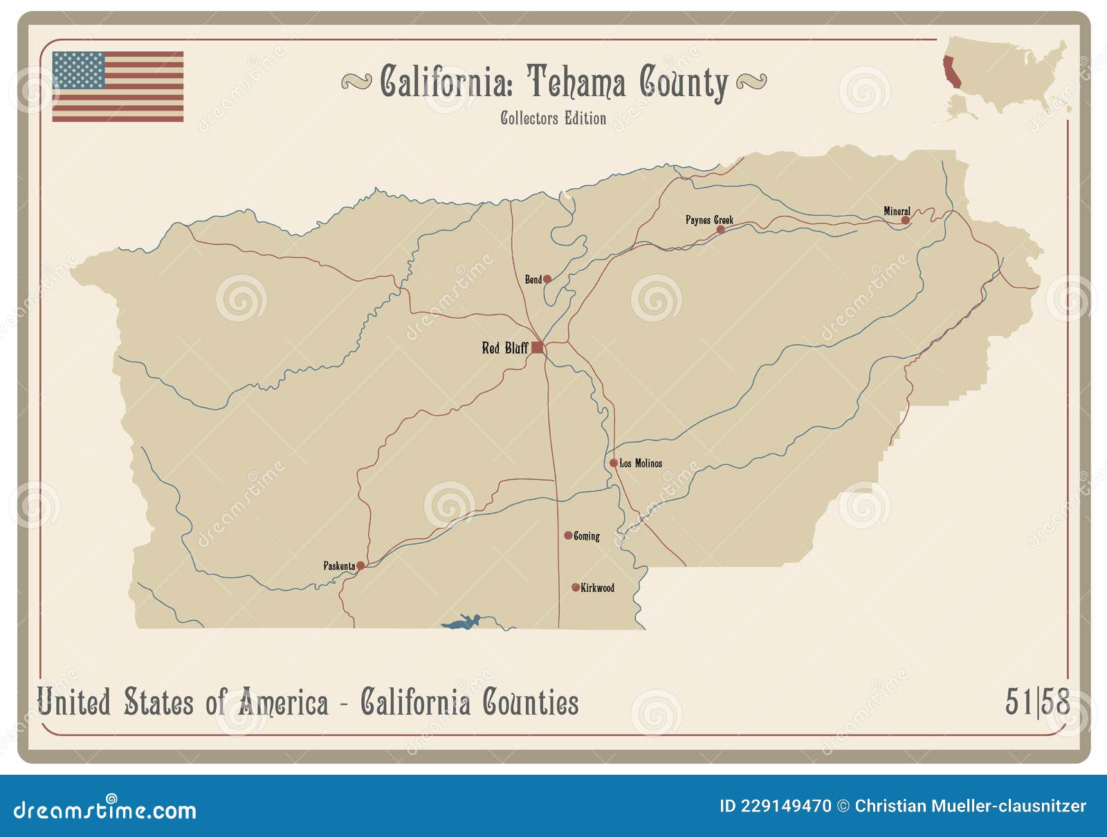 Map of Tehama County in California Stock Vector - Illustration of brown,  rivers: 229149470