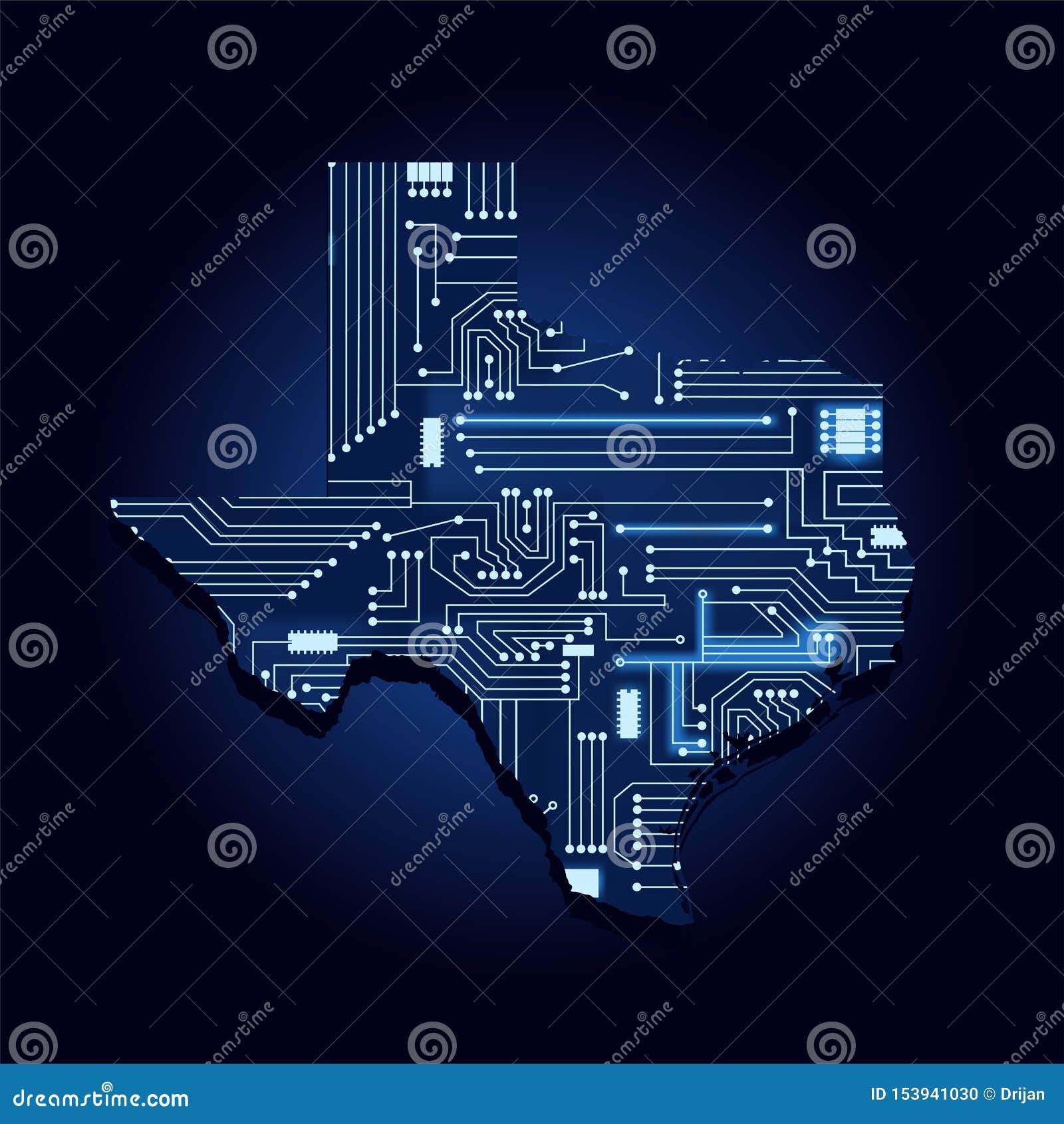 Map of Texas with Electronic Circuit Stock Vector Illustration of