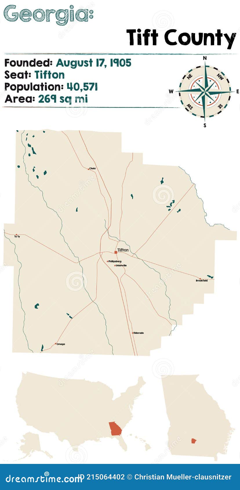 Map of Tift County in Stock Vector Illustration of colors