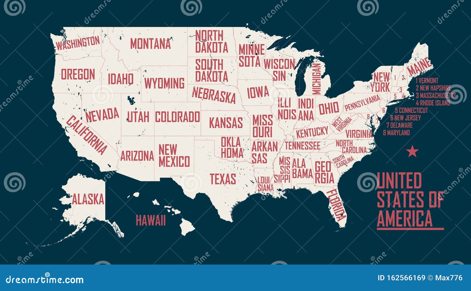 Map of the United States of America, with Borders and State Names