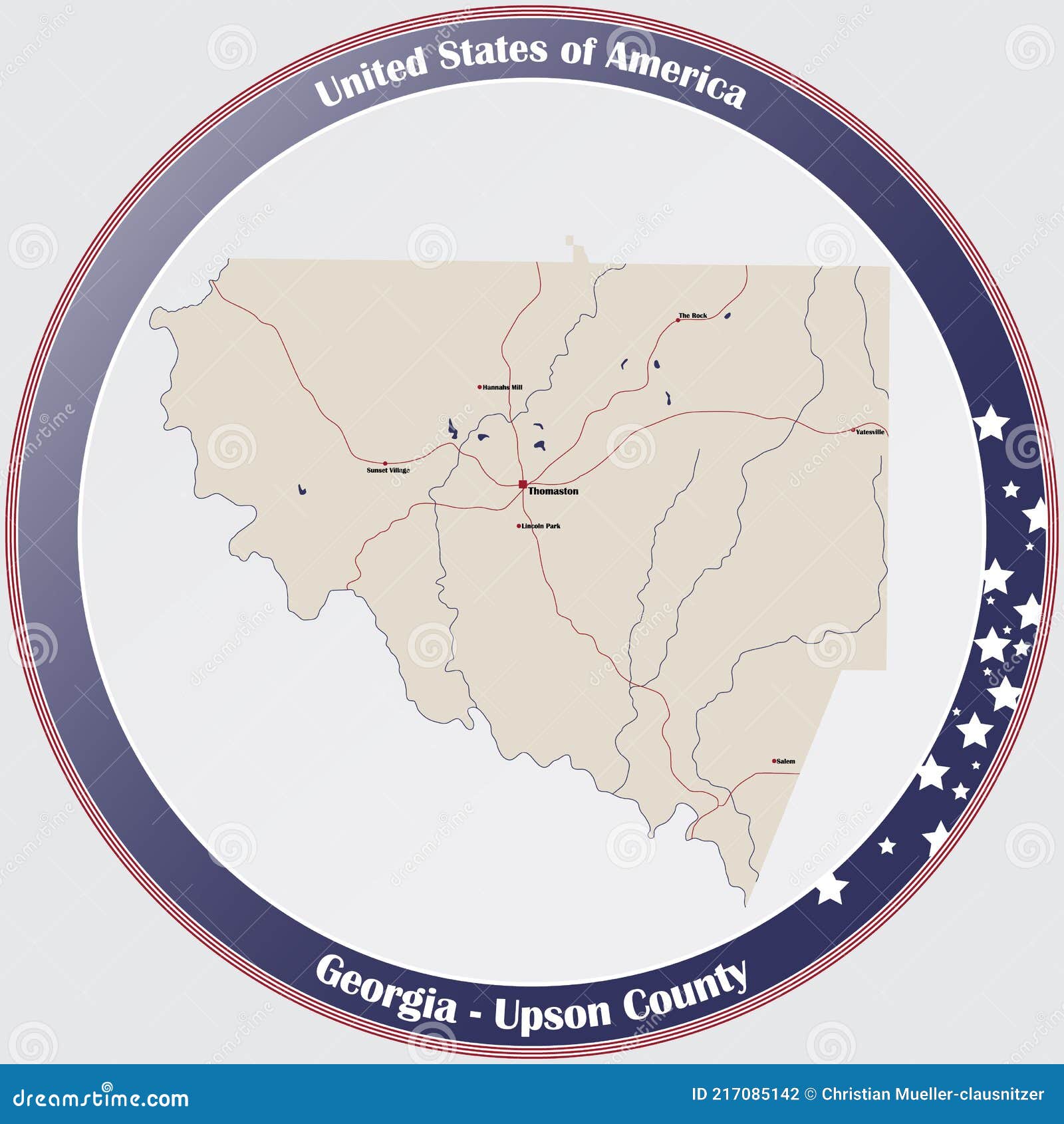 Map of Upson County in Stock Vector Illustration of lakes
