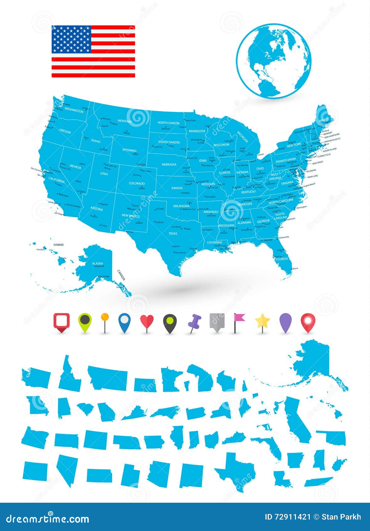 Map of USA with it S States and Flat Map Pointers Stock Vector ...