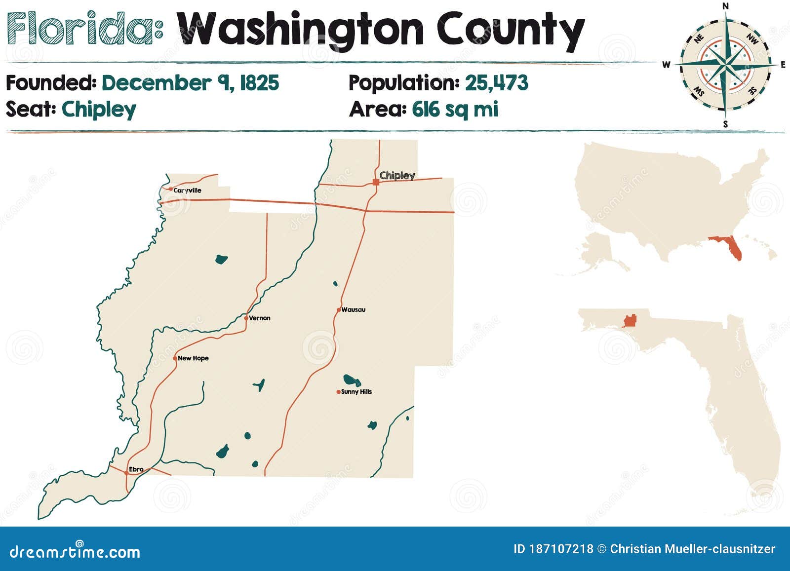 Map of Washington County in Florida Stock Vector Illustration of
