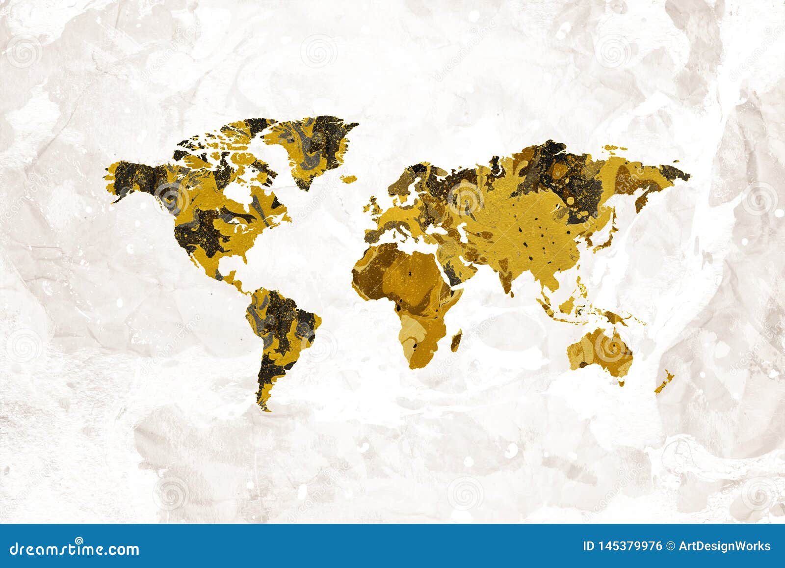 Map of the World Artistic Black Gold Marble Design Stock Photo