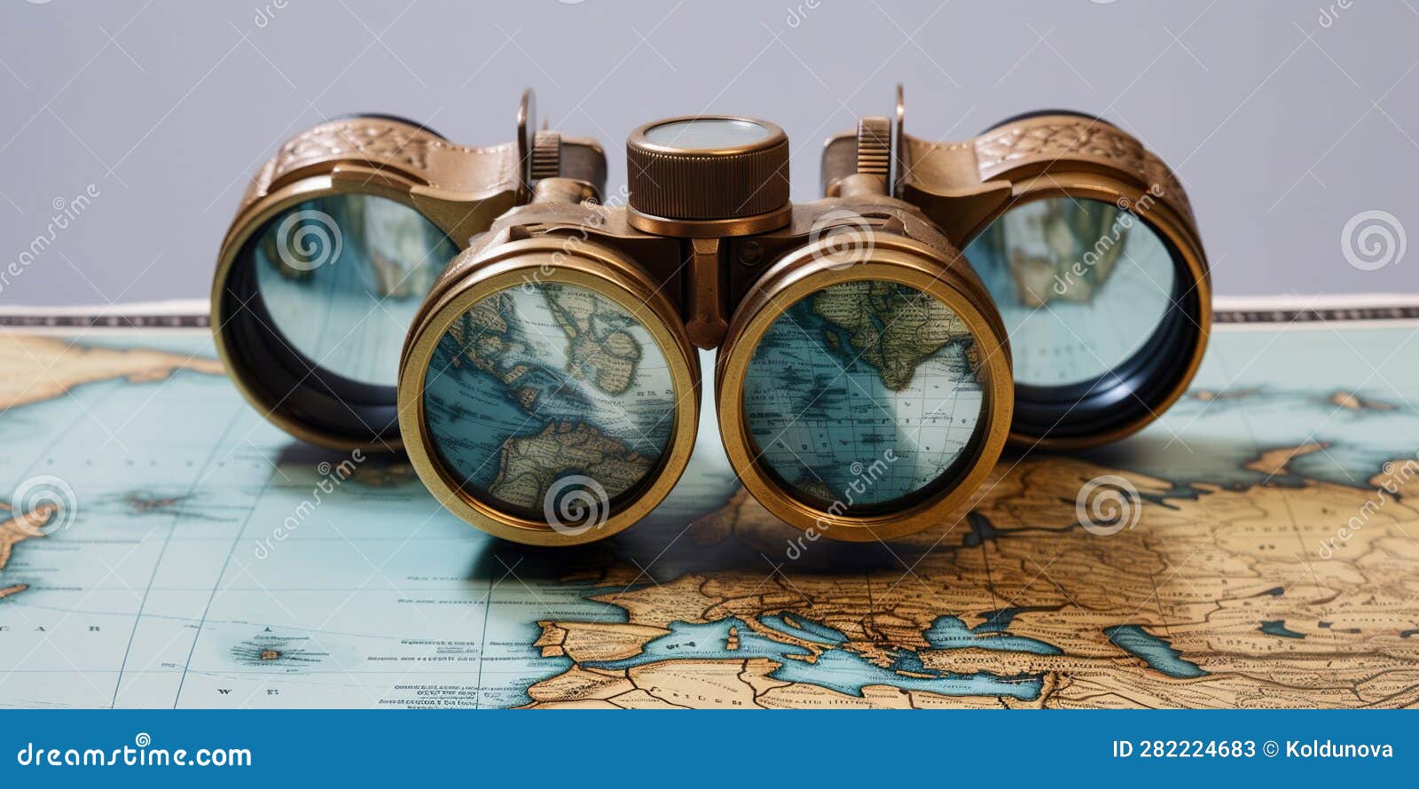 Map of the World is Reflected in the Lenses of Binoculars, Concept of 