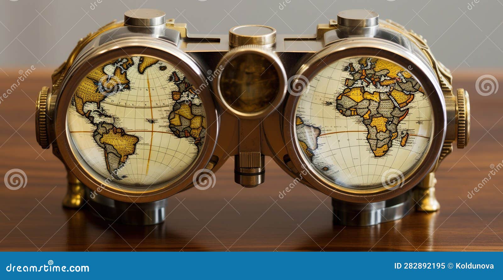 Map of the World is Reflected in the Lenses of Binoculars, Concept of 