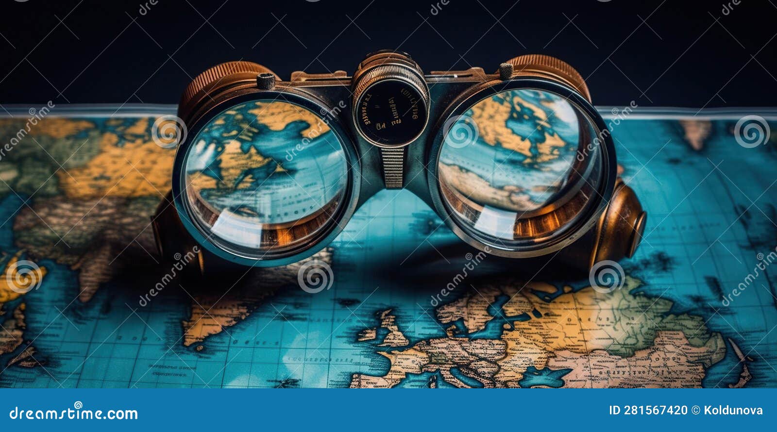 Map of the World is Reflected in the Lenses of Binoculars, Concept of 