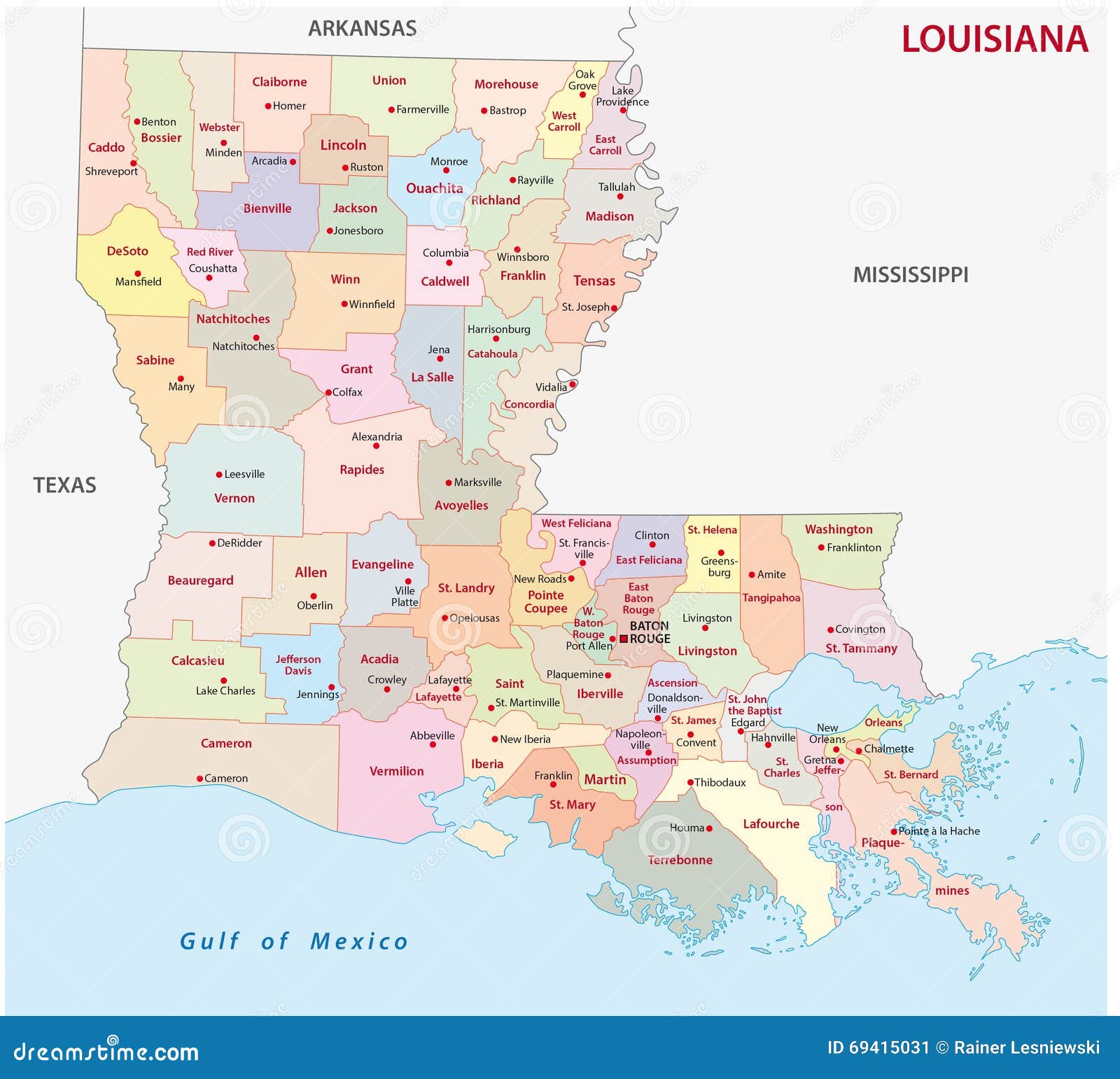 Mapa De Luisiana Con Nombres Mapa Administrativo De Luisiana Stock De Ilustración - Ilustración De  Islas, Luisiana: 69415031