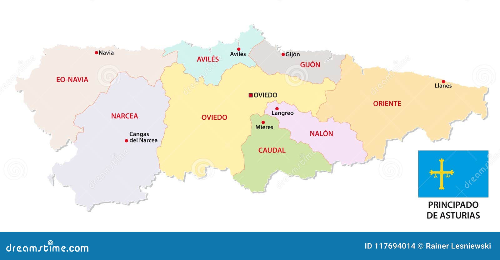 Mapa Administrativo Y Político De Asturias Del Vector Con La Bandera