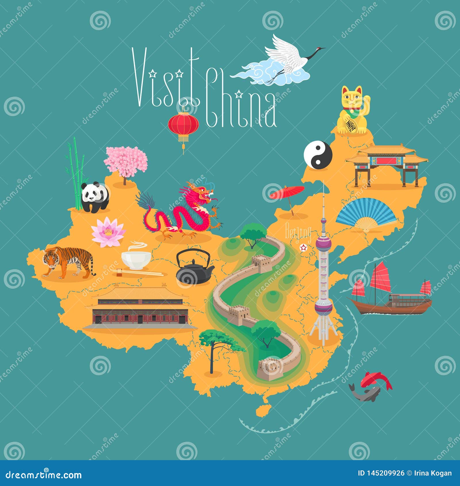 Map of China Vector Illustration, Design Element. Icons with Chinese  Landmarks Ilustração do Vetor - Ilustração de turismo, jogo: 145209926