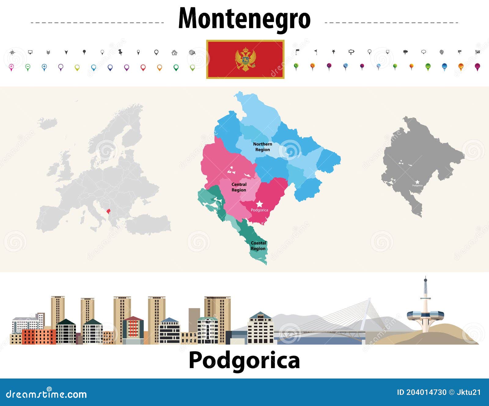 Portugal Mapa Divisões Administrativas e Estradas imagem vetorial