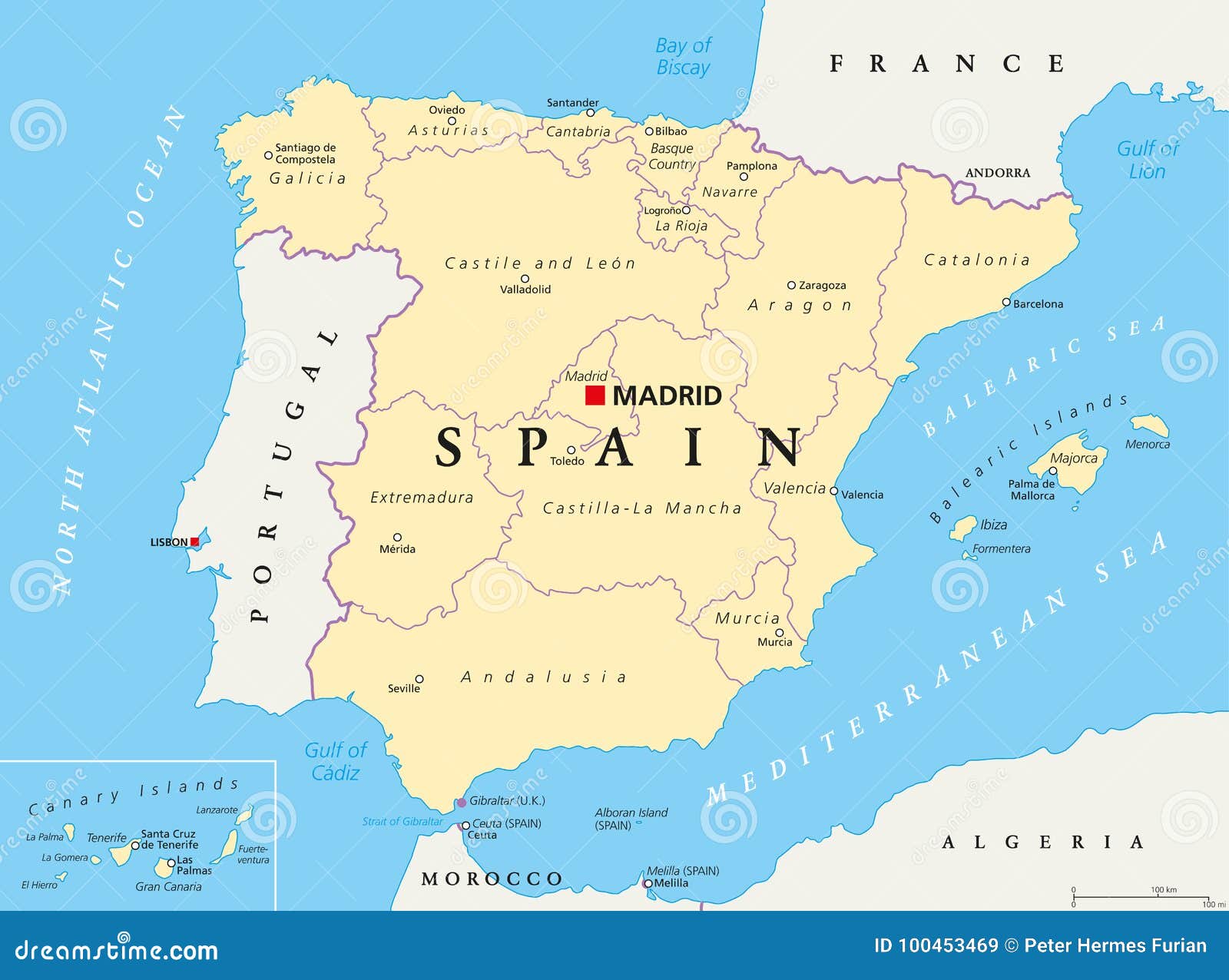 Mapa da Espanha e Portugal mostrando as divisões políticas no país