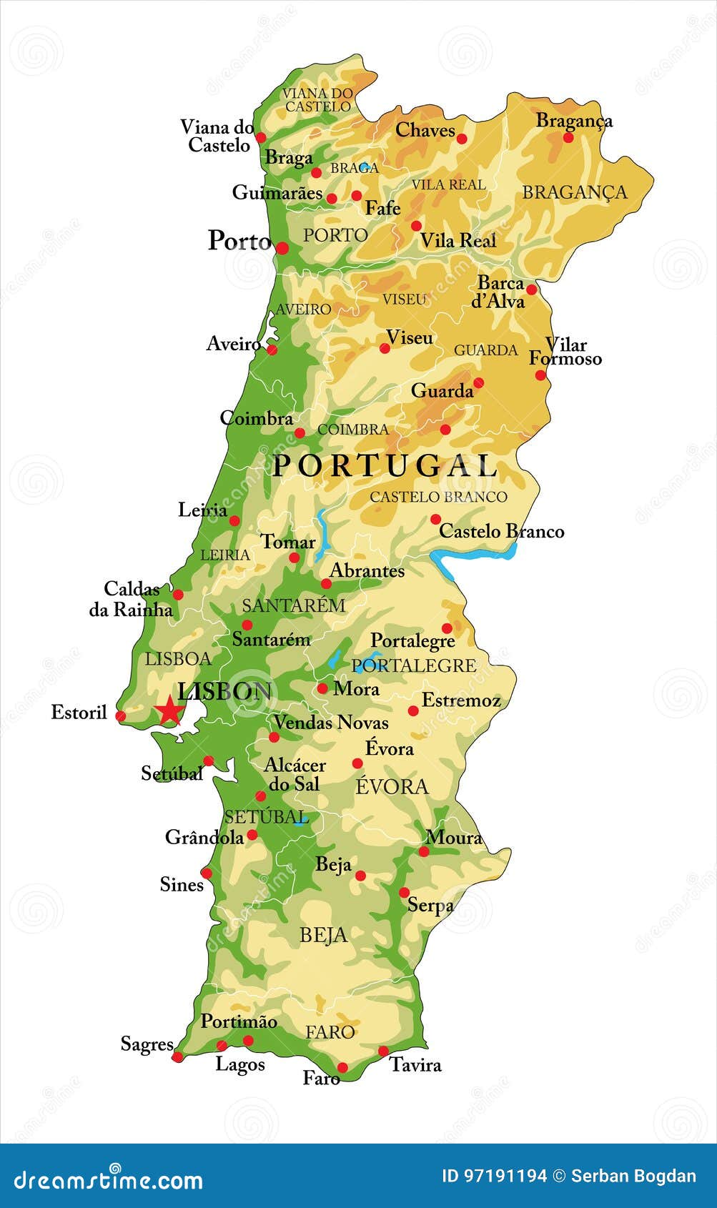 Portugal Mapa Político Con Un Capital De Lisboa, Las Fronteras Nacionales,  Las Ciudades Más Importantes, Ríos Y Lagos Ilustraciones svg, vectoriales,  clip art vectorizado libre de derechos. Image 29090801