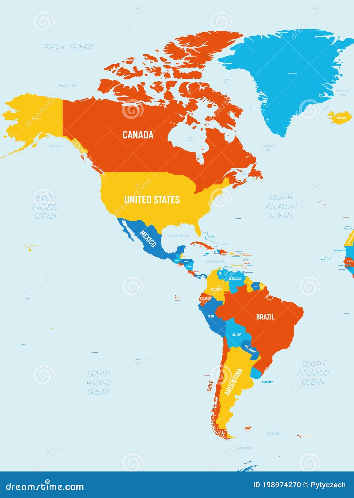 Mapa De América - 4 Colores Brillantes Mapa Político Detallado Y Alto Del  Continente Con País De América Del Norte Y Del Sur Ilustración del Vector -  Ilustración de colorido, modelo: 198974270