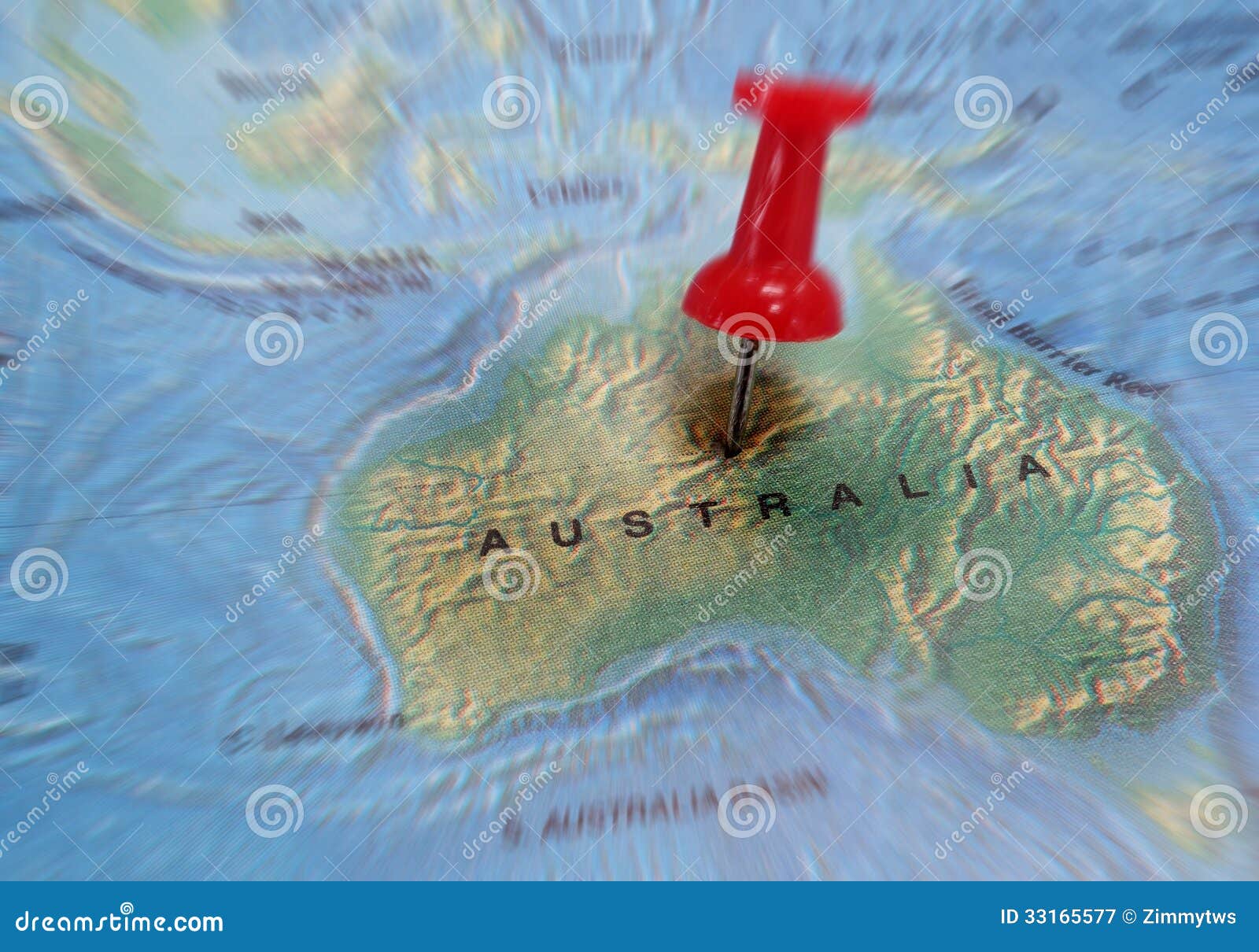 Mapa de Australia. Mapa australiano con un perno rojo en el centro
