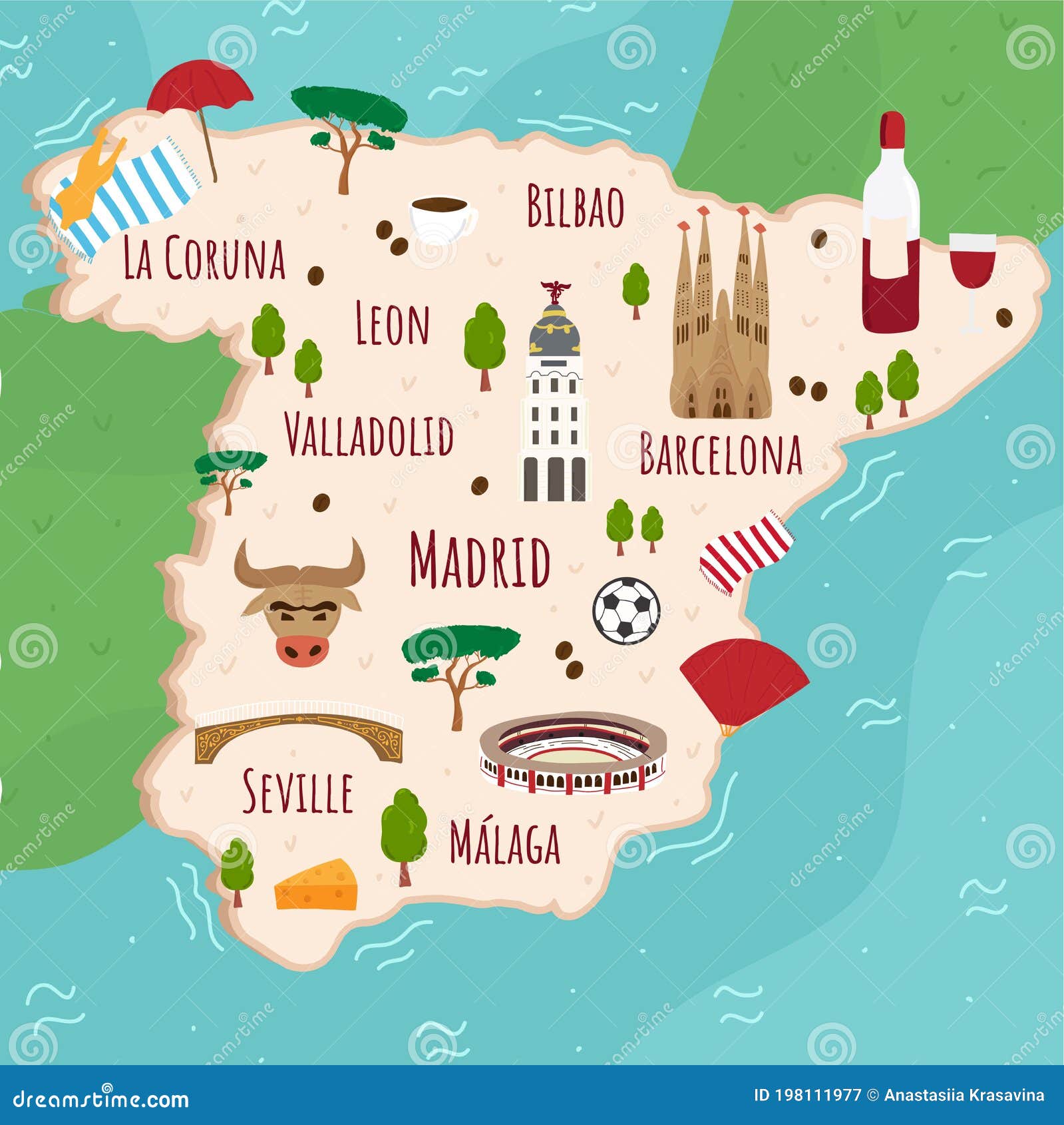 Mapa De Caricaturas De España Ilustración De Viajes Con Monumentos,  Edificios, Alimentos Y Plantas Españolas Infografía Turística Stock de  ilustración - Ilustración de lindo, cocina: 198111977