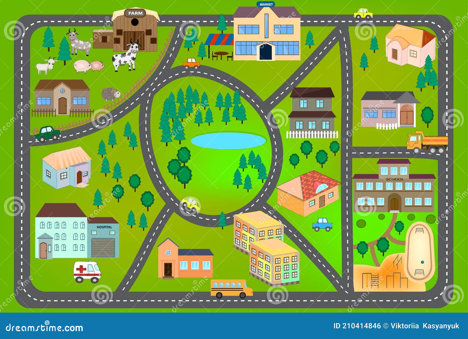 Mapa De Dibujos Animados Con Caminos Agrícolas Coches Y Casas. Mapa De La  Ciudad Para Niños Con Laberinto. Esterilla. Stock de ilustración -  Ilustración de estera, camino: 210414846