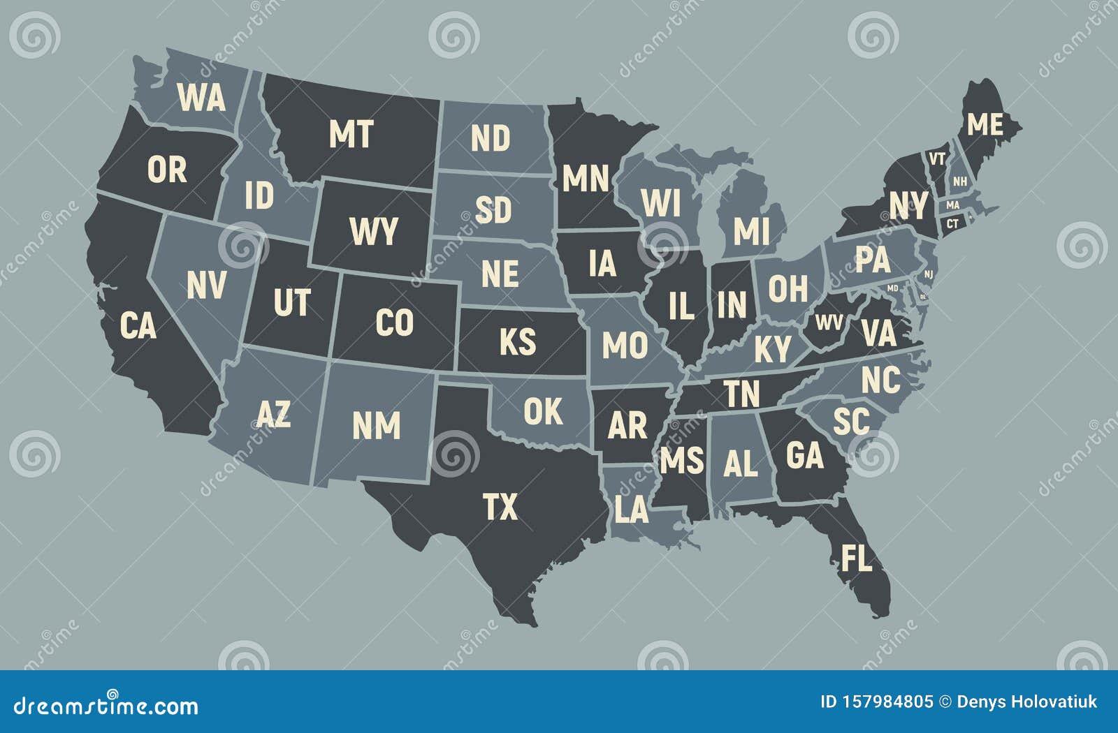 Mapa De Estados Unidos Con Nombres De Estado Cortos. Mapa De Afiches De Estados  Unidos. Antecedentes En Estados Unidos. IlustraciÃ Ilustración del Vector -  Ilustración de correspondencia, aislado: 157984805