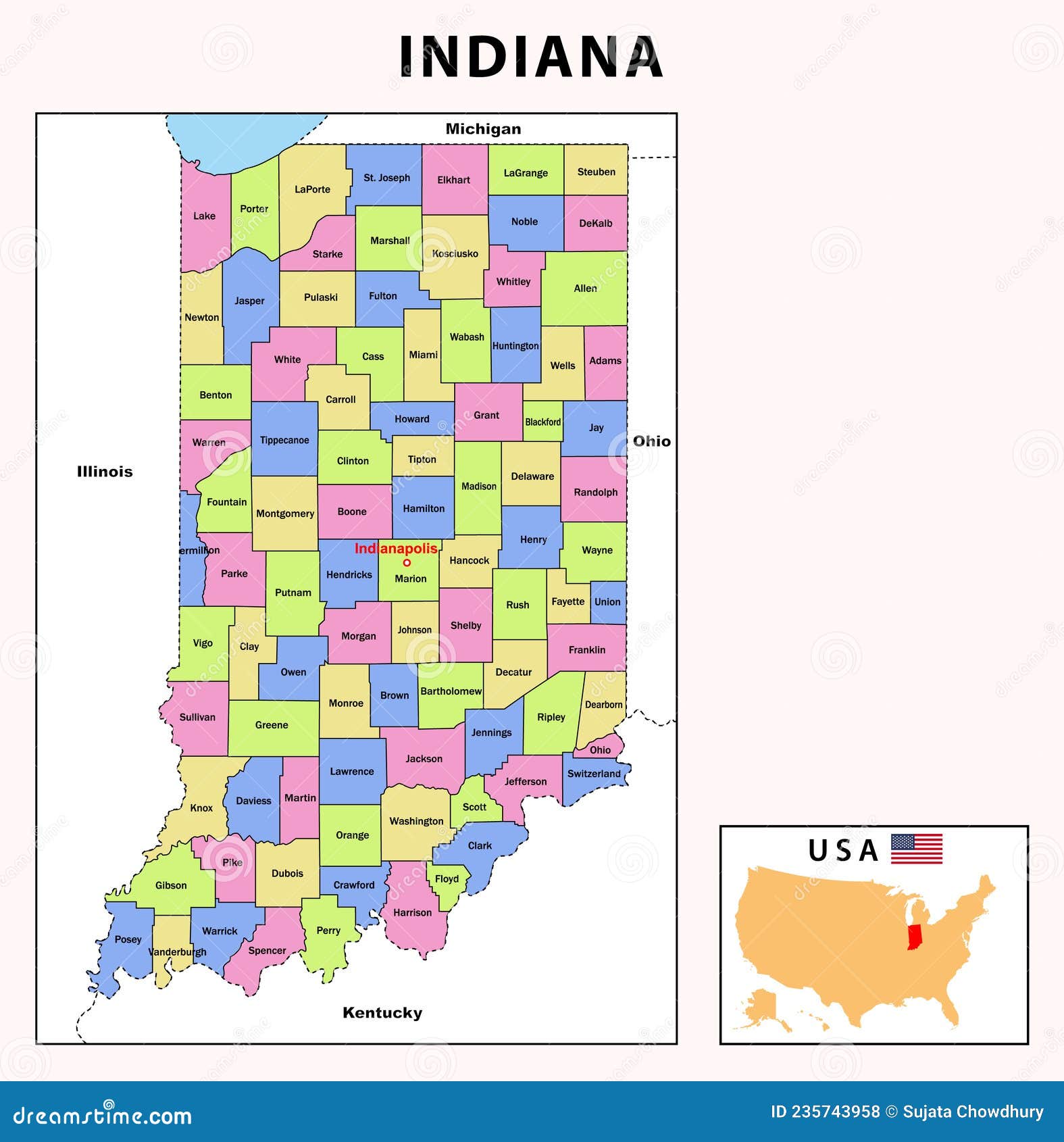 Mapa De Indiana. Mapa Político De Indiana Con Fronteras Ilustración del
