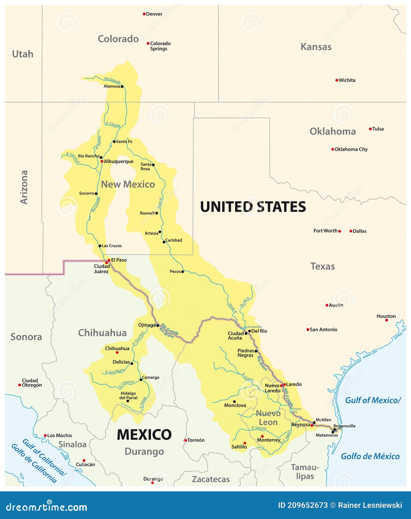 Mapa De La Cuenca De Drenaje De Rio Grande Rio Bravo Mexico Estados Unidos Ilustracion Del Vector Ilustracion De Contorno Presa