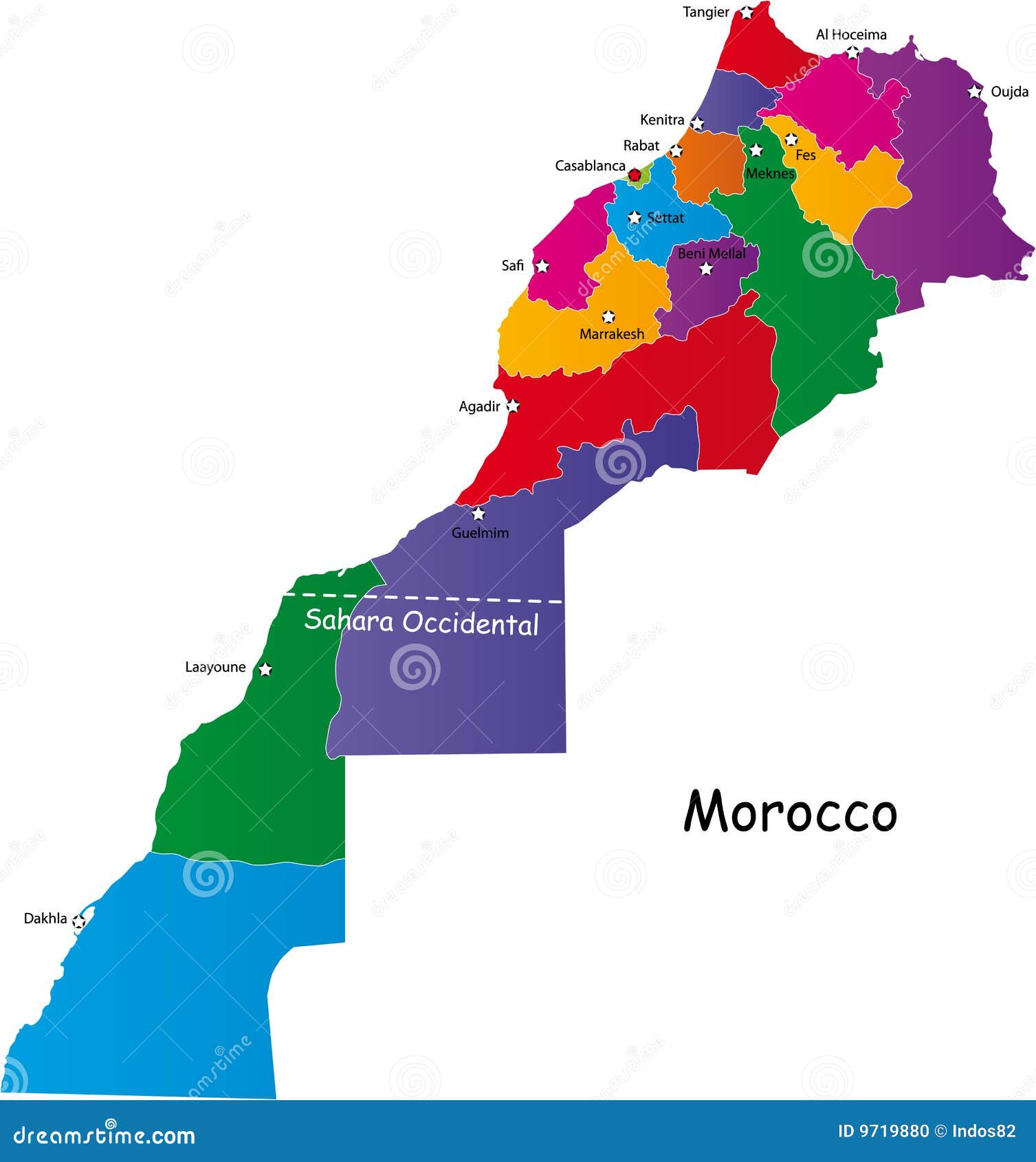 O reino do mapa de Marrocos projetou na ilustração com as regiões e as cidades principais