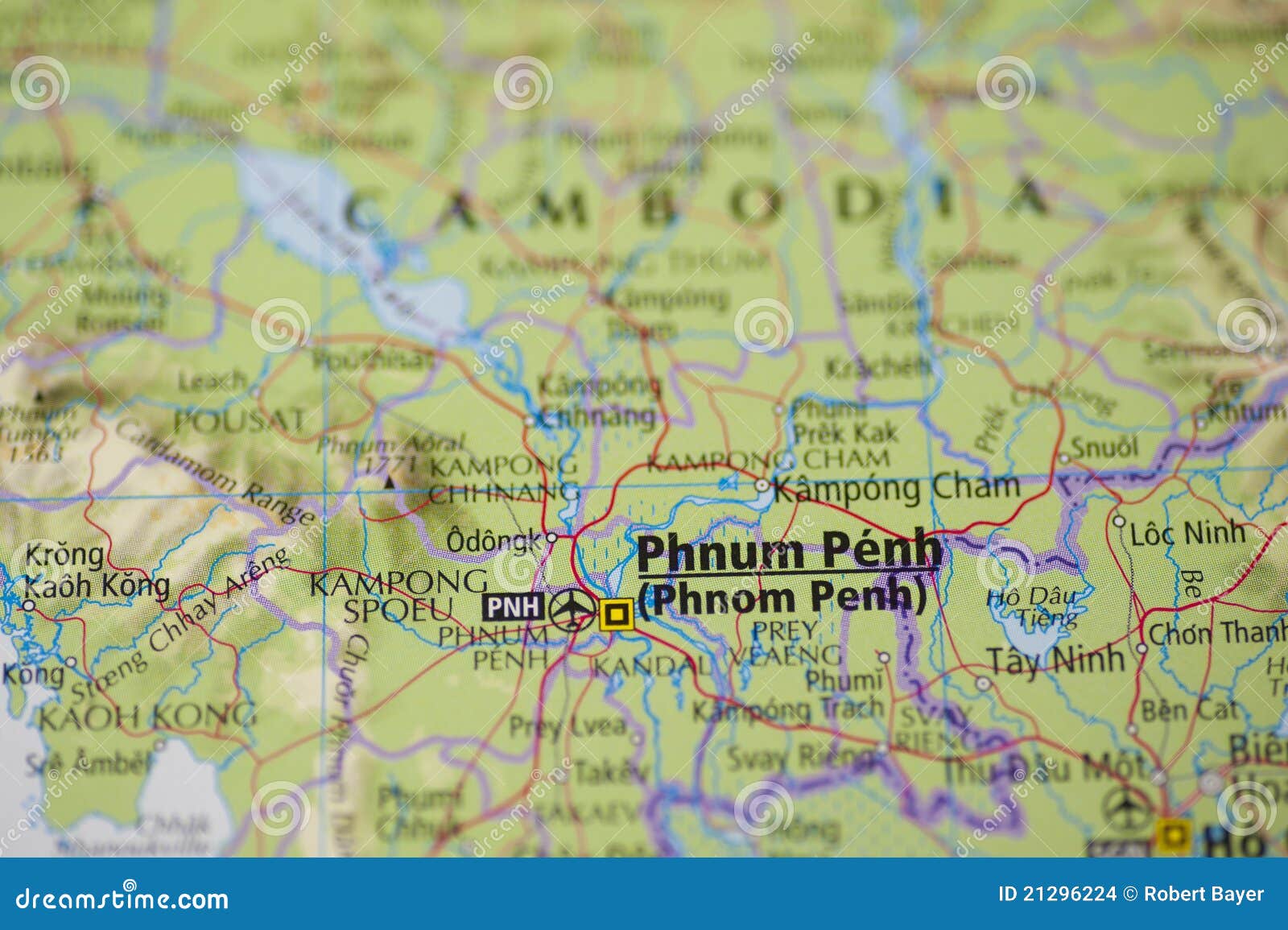Mapa de Phnom Penh Cambodia. Detalhe do mapa do close up de Phnom Penh, de capital de Cambodia, e dos arredores, incluindo a parte da fronteira com Vietnam.