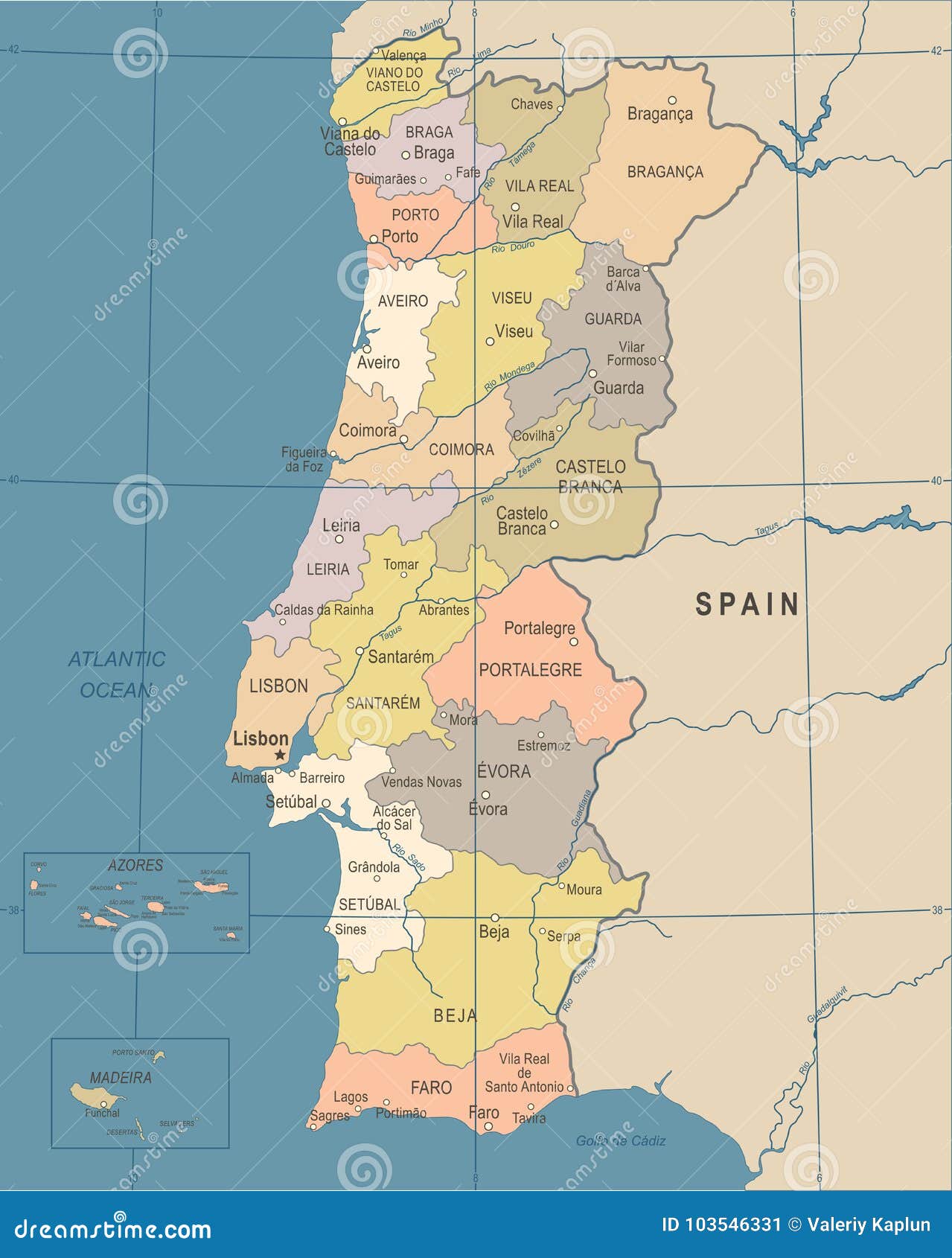 Cor Do Vintage Do Mapa De Portugal Ilustração do Vetor