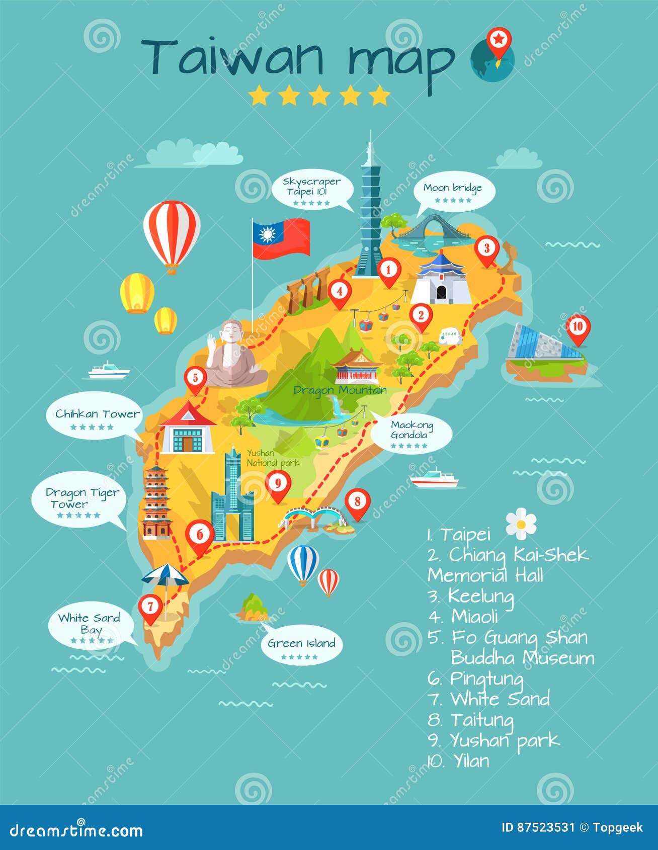 Mapa De Taiwan Com Pontos Turísticos Taipei Chiang Kai-Shek Ilustração do  Vetor - Ilustração de famoso, montanha: 87523531, image size:1308x1690