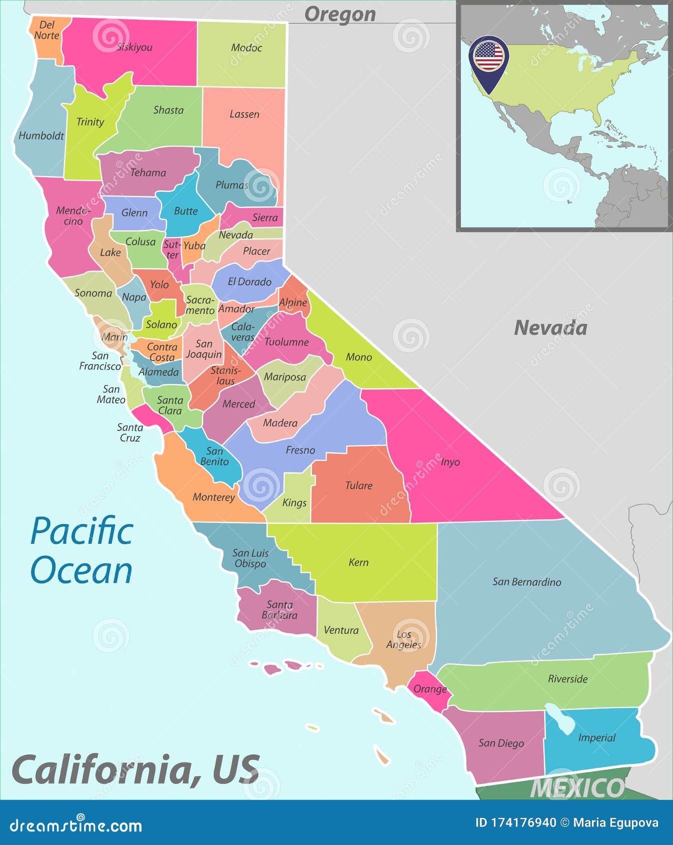 Mapa Del Estado De California En Ee Uu Ilustración Del Vector Ilustración De Regiones Norte