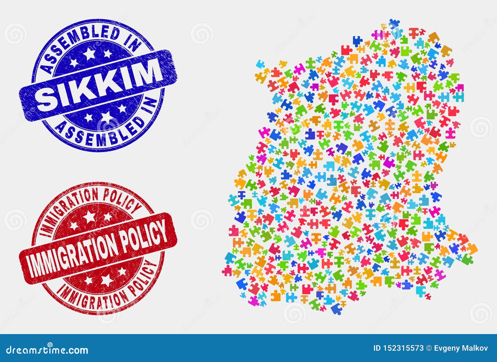 Mapa del estado de Sikkim del paquete y Grunge montados y sellos de la política en materia de inmigración. Mapa del estado de Sikkim del constructor y sello montado azul del sello, y sello del sello del grunge de la política en materia de inmigración Mosaico colorido del mapa del estado de Sikkim del vector de conectores enchufables